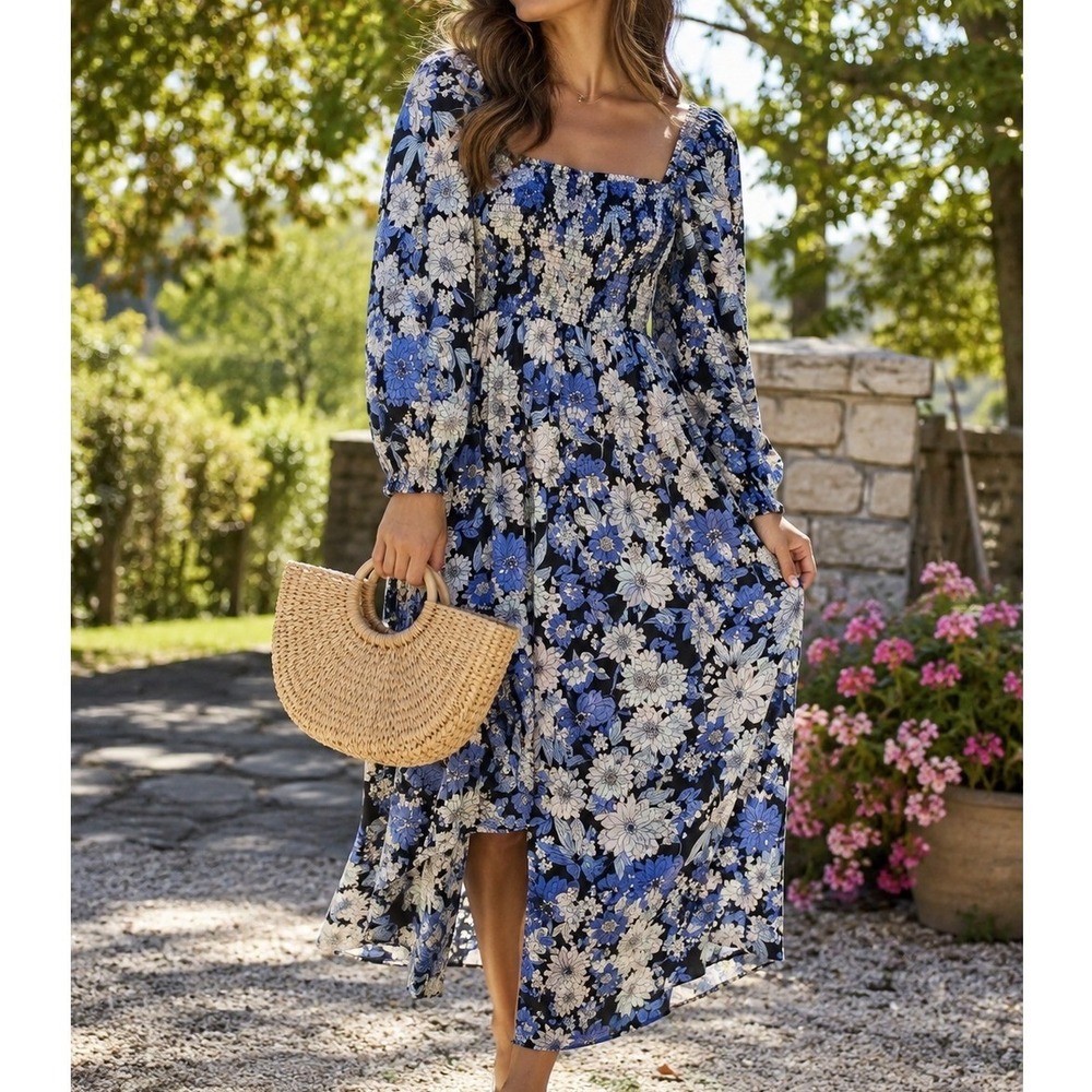 J.Crew Blue Floral Smocked Midi Dress Puff Sleeve Cottagecore Prairie Boho 6